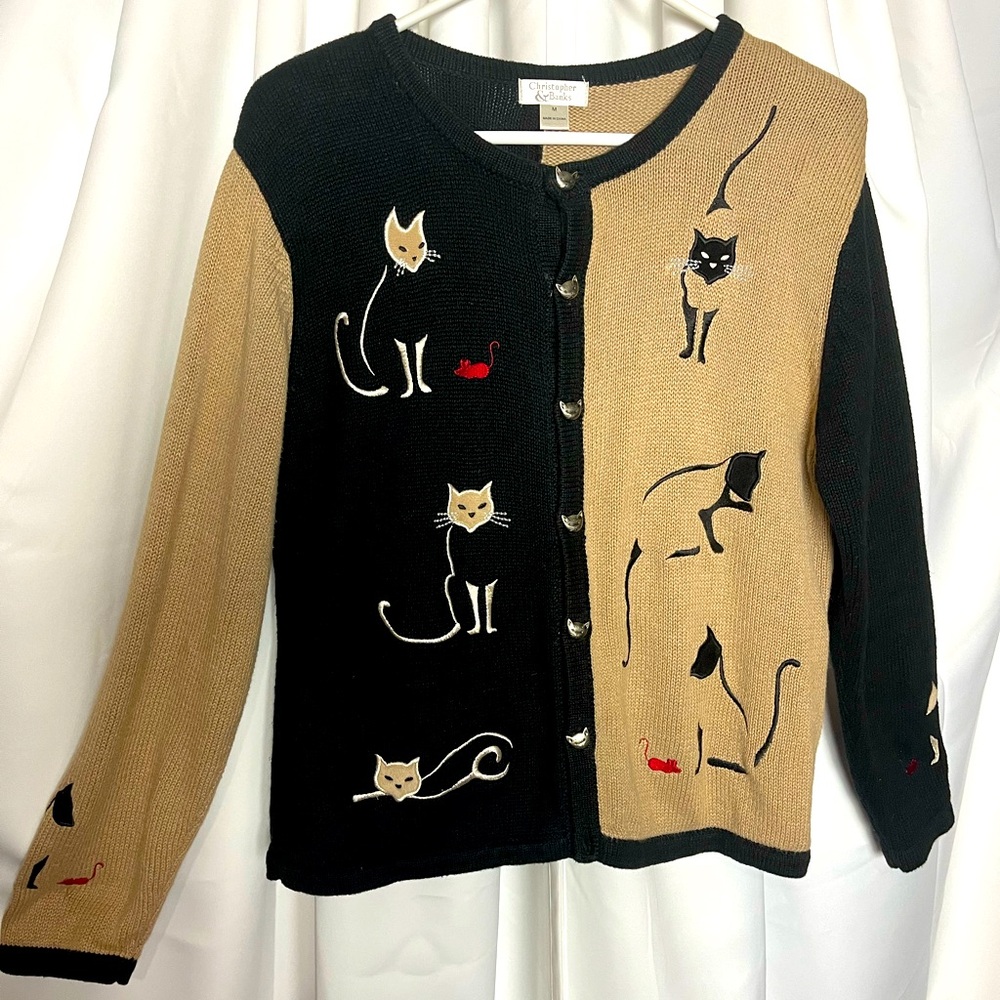 Christopher & Banks woman’s size medium embroidered cat sweater. Tan/black.